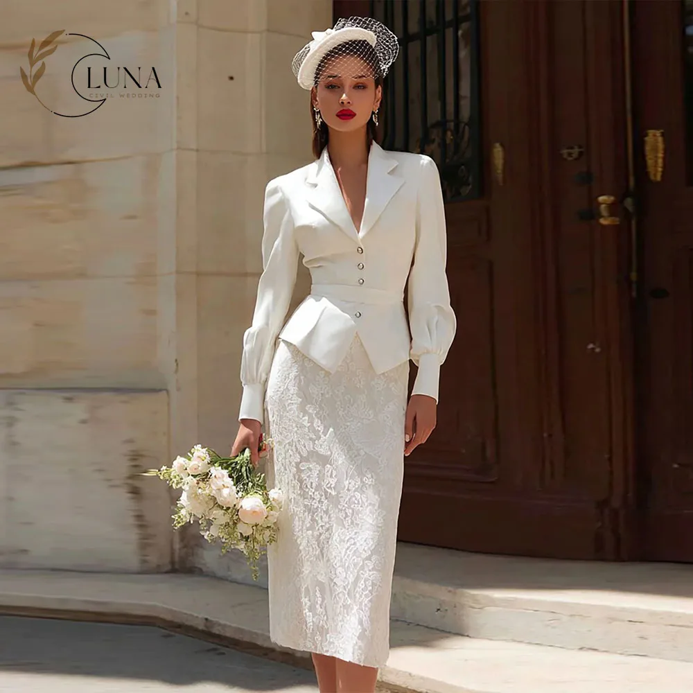 Luna Maßgeschneiderte Zweiteilige Bodycon-Midikleider mit Kerbrevers und Ärmeln für Standesamtliche Hochzeiten, Moderne Brautkleider