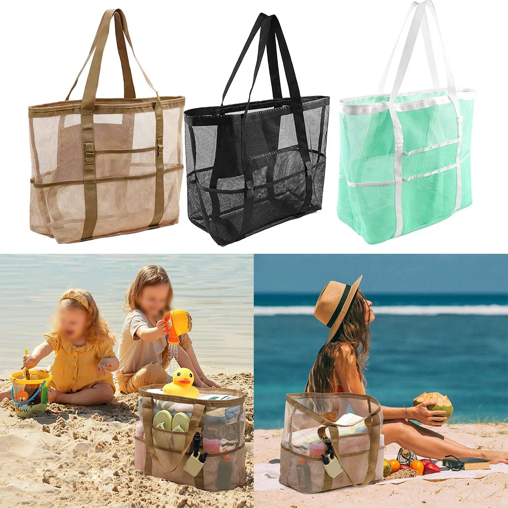 

Beach Adventures Black Beach Tote Bag Comfortable Shoulder Beach Bag Foldable Bag Lightweight Mesh Construction