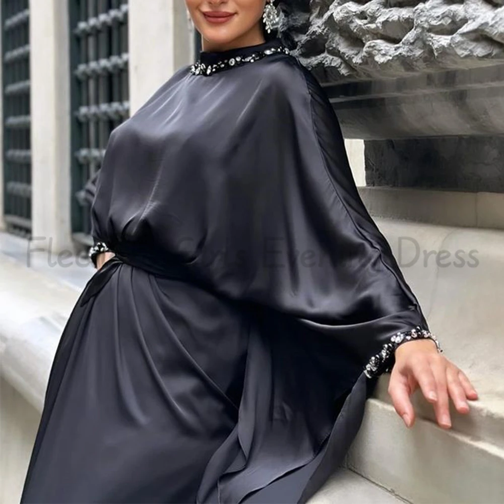 Flechazo High Neck Muslim Evening Dress Long Sleeves Ankle Length with Pleat Women Beading Party Gowns for Wedding Guest