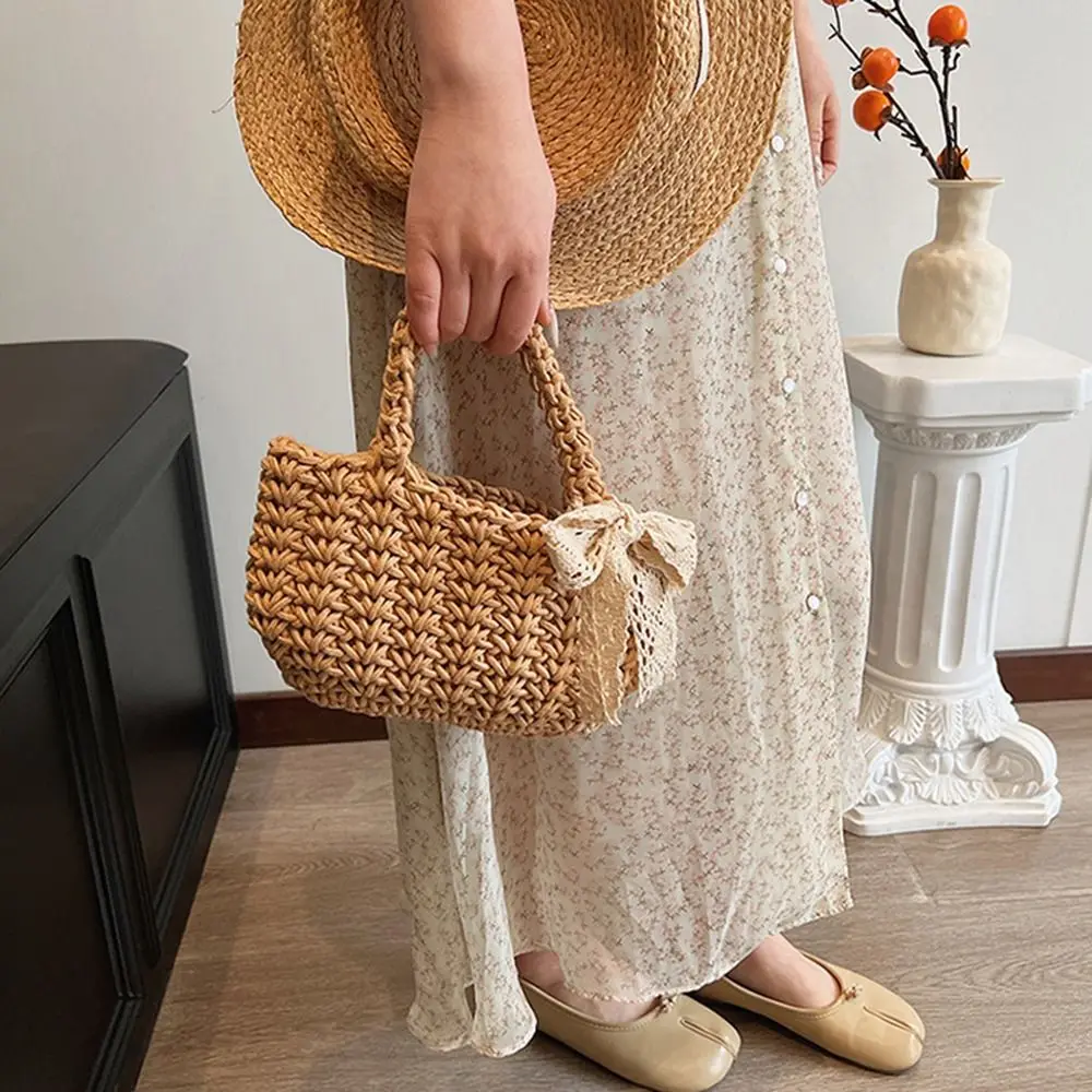 

Fashion Hollow Out Beach Straw Bag Lace Bowknot Elegant Knitted Handbag Tote Large Capacity Bucket Bag Vacation