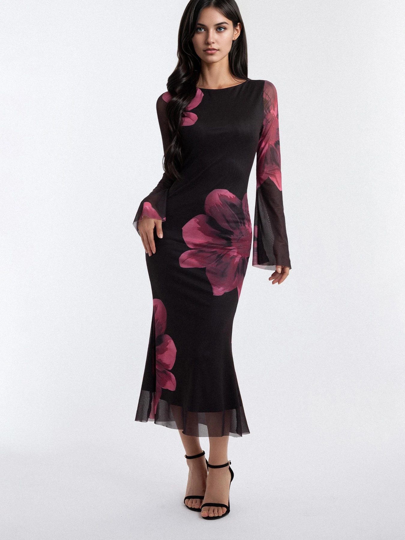 

Women's Gauze Floral Print Dress Long Sleeve Flared Hemline Waist-Hip Ratio Design Long Dress Elegant Casual Maxi Dress