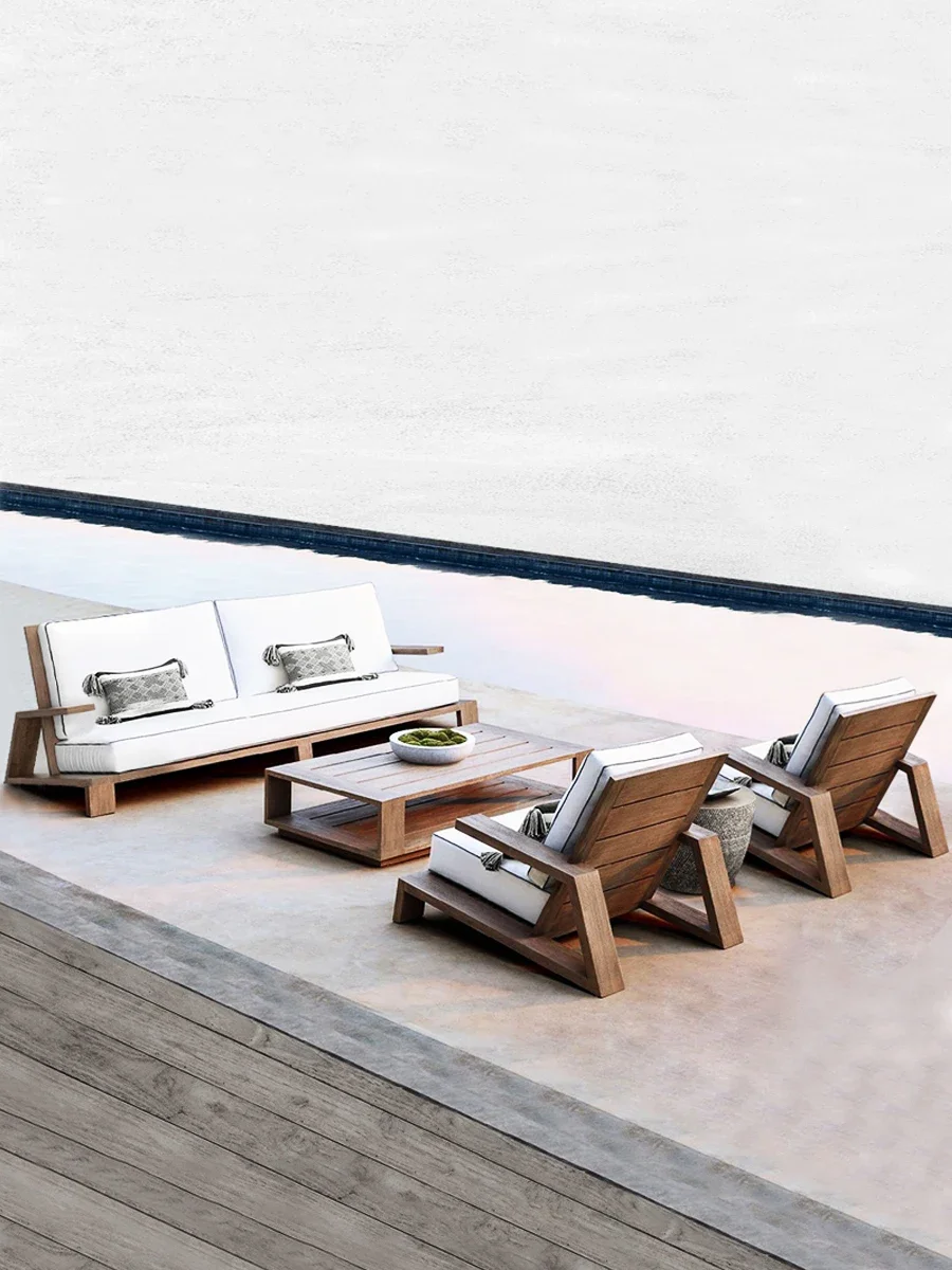 أريكة خشبية صلبة خارجية إسكندنافية بسيطة كرسي من الخيزران نموذج غرفة