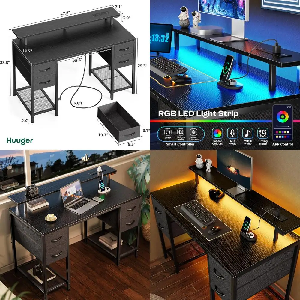 

Черный офисный/игровой стол 47 дюймов с 4 ящиками, светодиодной подсветкой и розетками, большой вместимостью для спальни или работы из дома