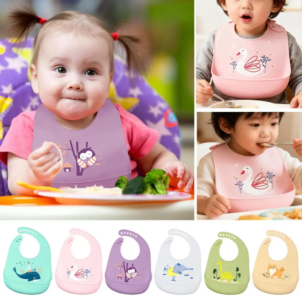

1pcs Cute Kids Silicone Bib Waterproof Baby Feeding Bib Large Food Catcher Soft BPA Free Infant Bib for Boys Girls Mealtime Tool