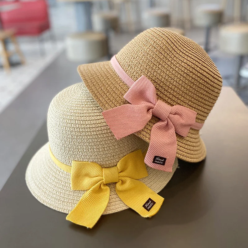 3-8 Years New Sun Straw Hat Set For Girls  Summer Travel Sunscreen Beach Hat Sun Hat  Bag