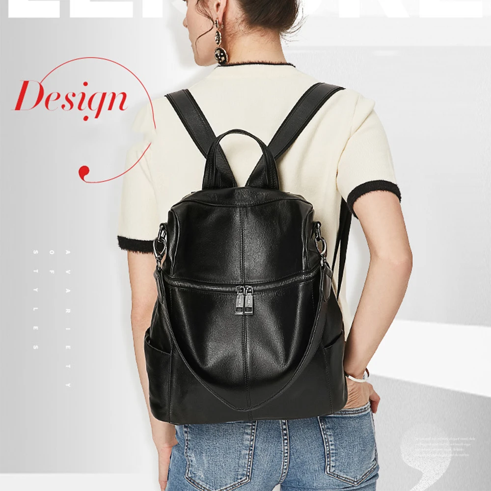 2024 New Genuine Leather Women\'s Backpack Black Large Capacity Aesthetic Academy Style Retro Bag