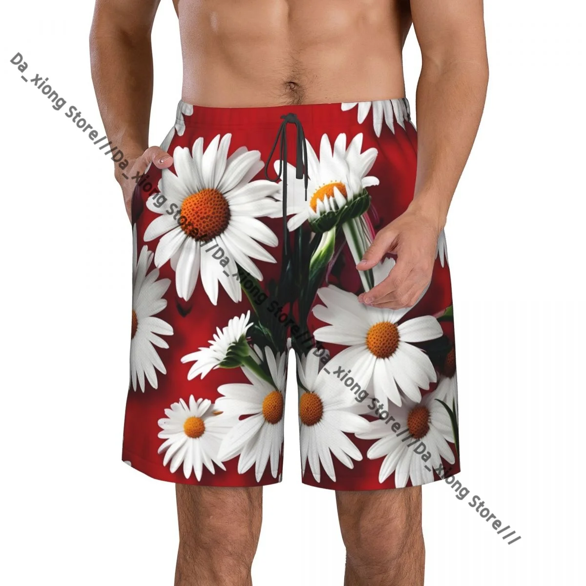 Men Beach Short Quick-drying Swimming Trunk White Daisies Swimwear Swimsuit Bathing Shorts