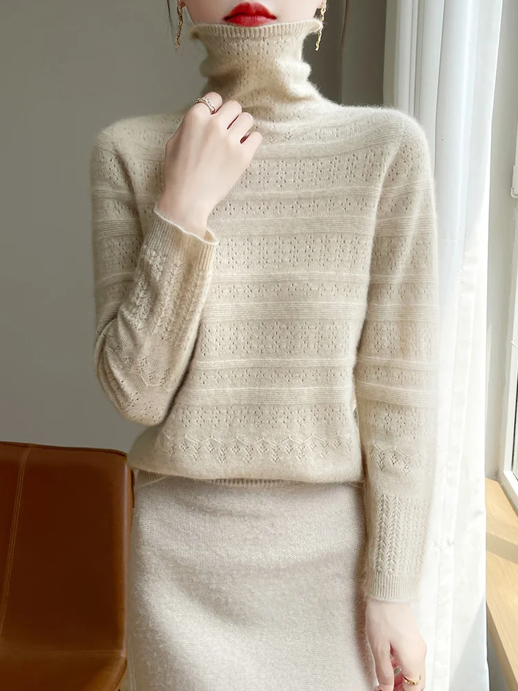 New pile-up collar bottoming shirt in autumn and winter women's seamless integrated sweater hollow thickened cashmere sweater
