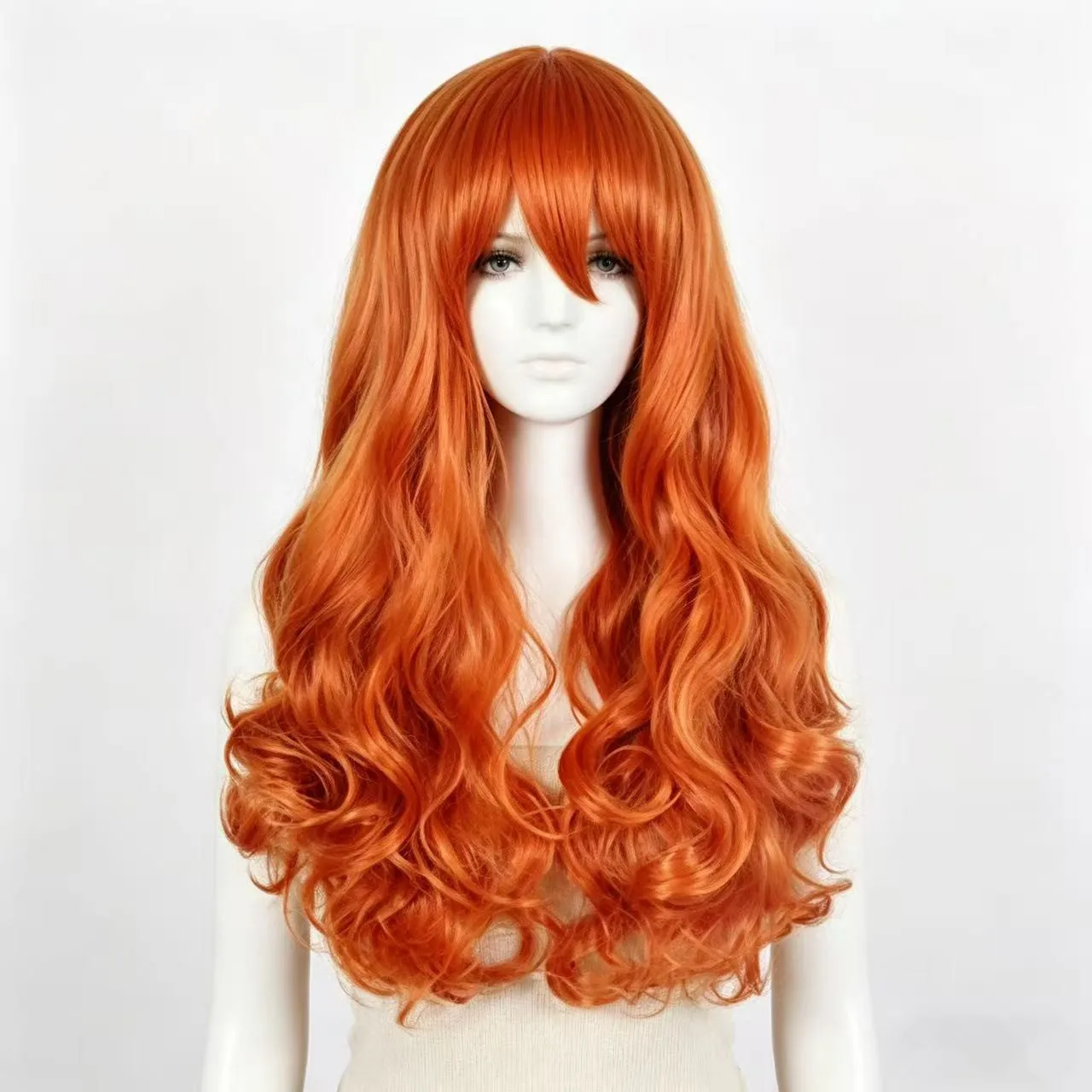 Long Wavy Orange Synthetic Wigs with Bangs for Women Heat Resistant Fiber Cosplay Wig Natural Looking Daily Party Hair Wigs