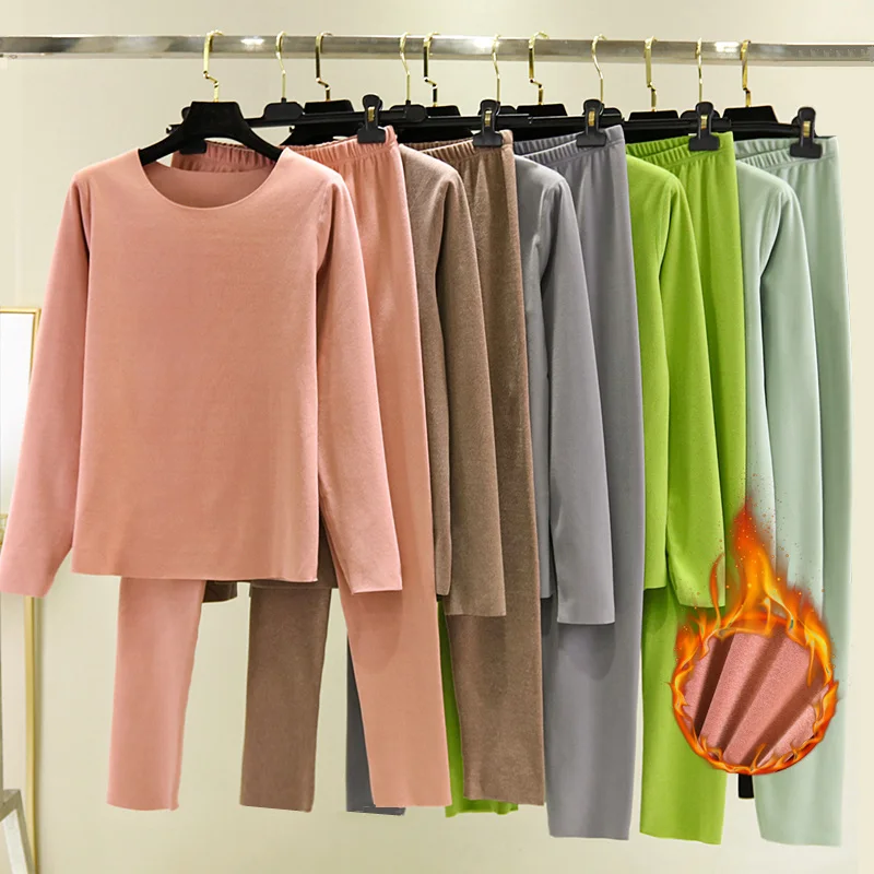 Women's Autumn Winter Thermal Long Sleeve Fleece Lined Dervo Underwear Set Seamless Comfortable Base Layer Two Piece Suit