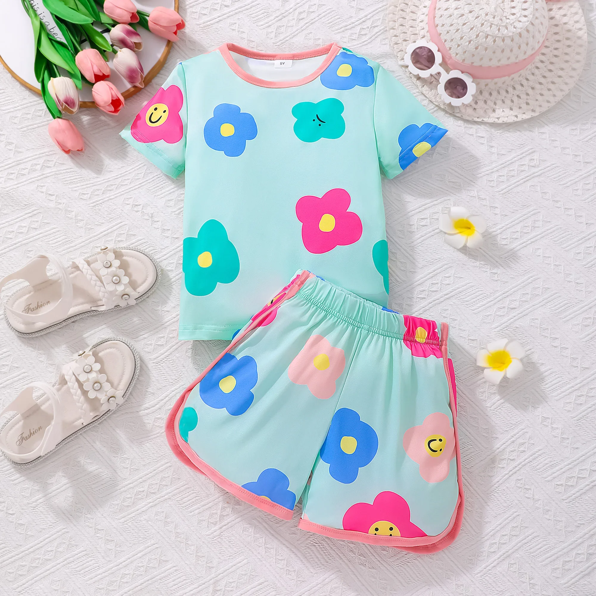 kids girls clothing set Summer Tshirt + Shorts 2Pcs Cute Children Suit Floral Fashion Casual Girls Outfit 3 4 5 6 7 Years Old