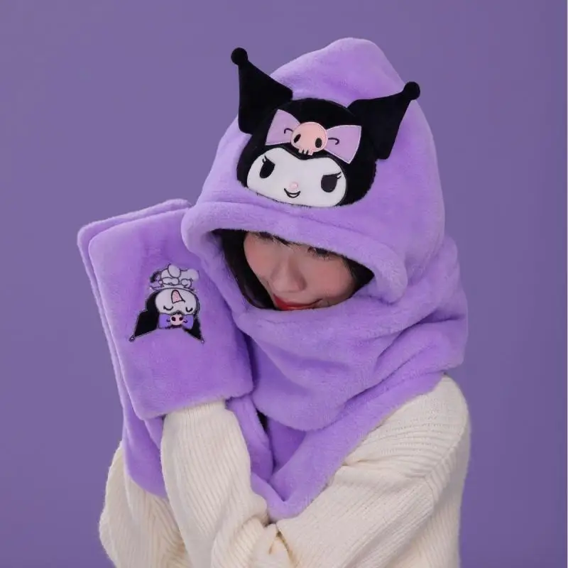 Sanrio Girls Scarf Hat Gloves All-In-One Winter Plush Thickened Winter Outdoor Warm Cartoon Kuromi My Melody Clothing Gift