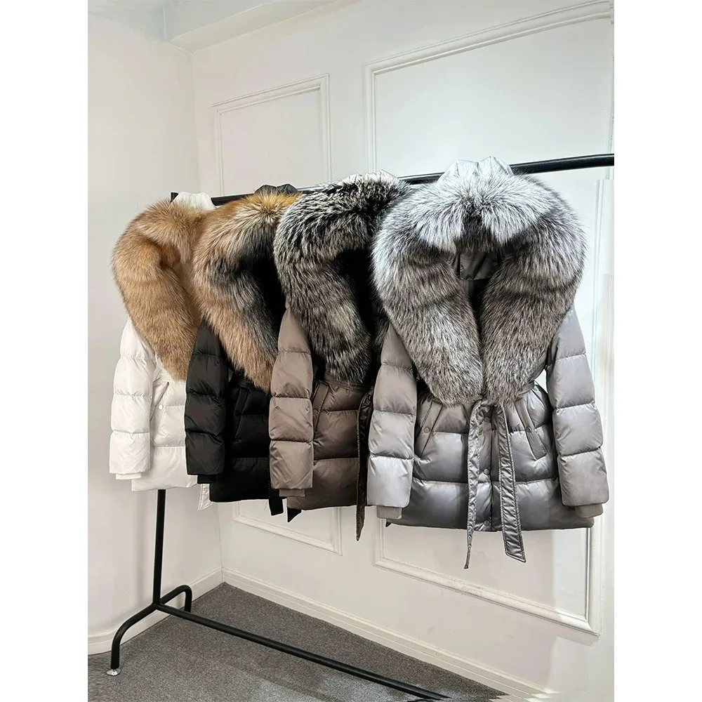 Janveny 럭셔리 대형 천연 실버 폭스 퍼 후드 2025 겨울 90% 구스 다운 재킷 여성 두꺼운 따뜻한 여성용 파카 방수