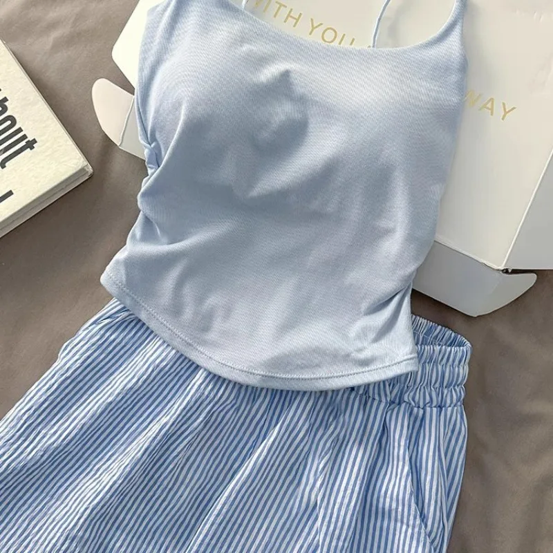 

Pajamas for Women in Summer Thin Style with Chest Pad Integrated Solid Color Suspender Vest Striped Shorts Home Clothing New