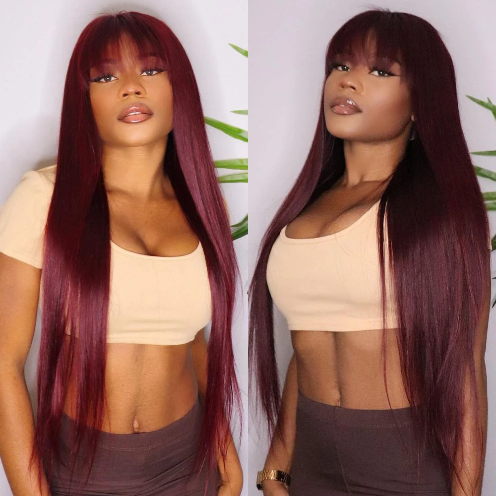 Burgundy Soft 26“Long Silky Straight 99j 180Density Machine Wig With Bangs For Women High Temperature Cosplay Glueless Daily