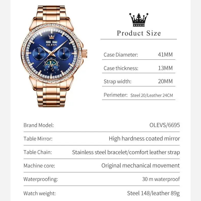 OLEVS 6695 Men\'s Watch Waterproof Calendar Moon Phase Diamond Stainless steel Multifunctional Automatic Mechanical Male Watch