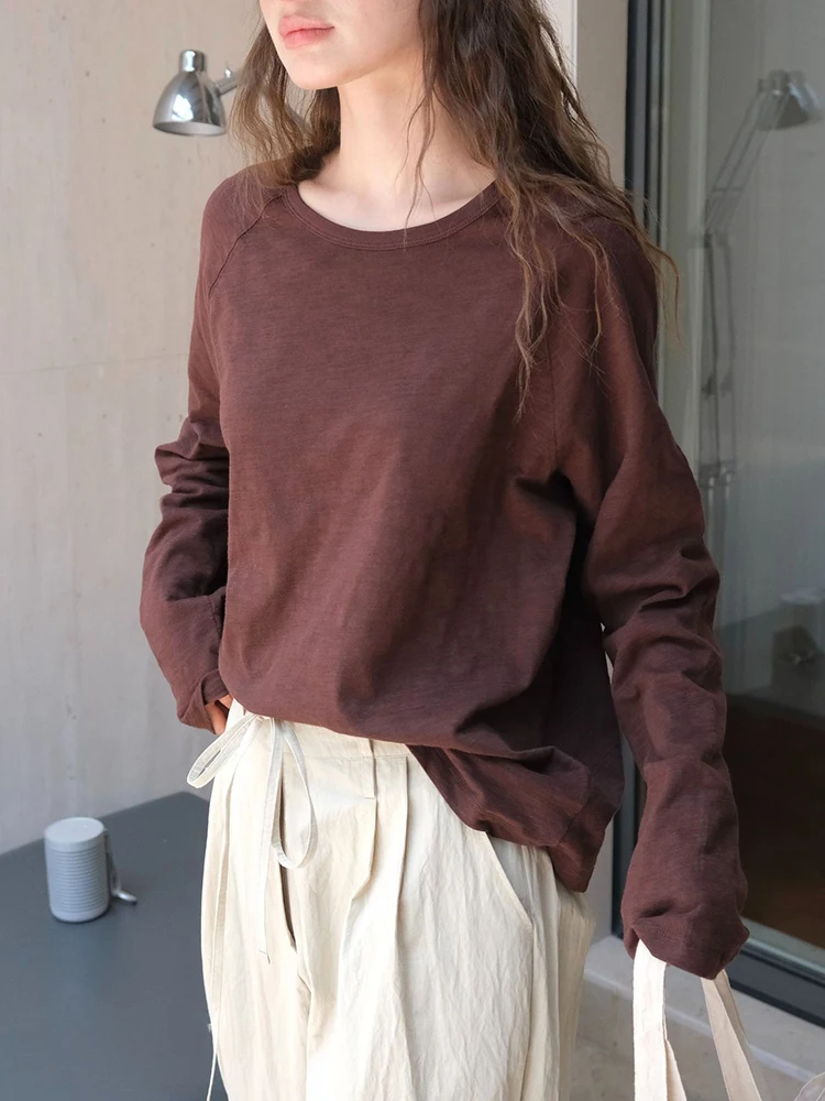 [LANMREM] Korean Style Long Sleeve T-shirt For Women Round Neck Casual Loose Minimalism Female Tops 2024 Autumn New 26D9961