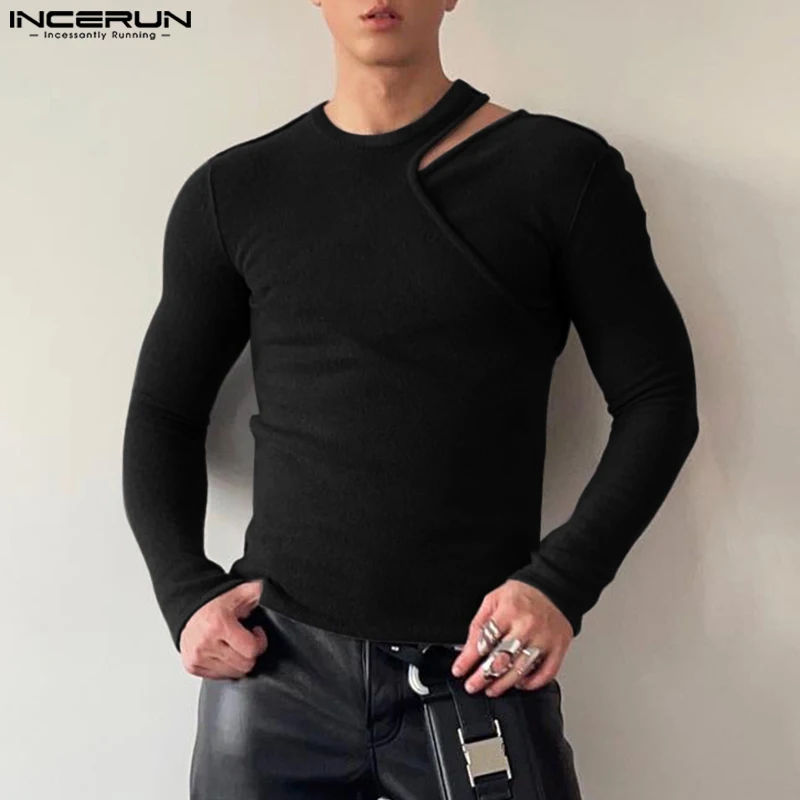 2024 INCERUN Men Casual Solid Tops American Fashion Long Sleeve T-shirts Elegant Leisure Round Neck Tees Deconstruction Tops