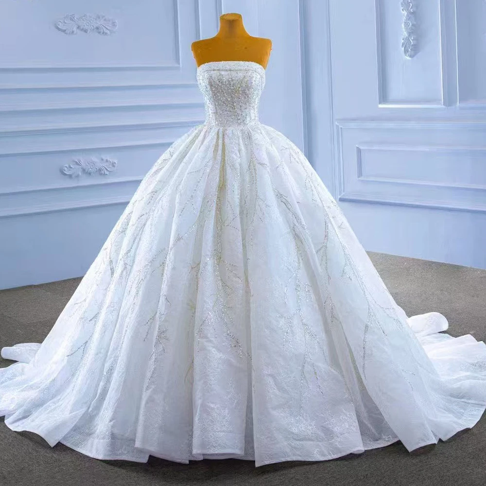 

Elegant Pearls Sequined Strapless Sleeveless Wedding Dress Lace-Up Back Ball Gown