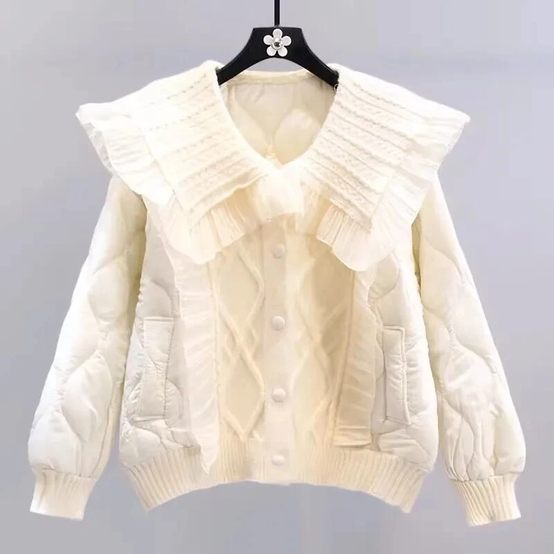 

Autumn Winter New Korean Loose Slimming Sweet Doll Collar Fairy Wind Pink Knitted Patchwork Cotton Jaet Outerwear