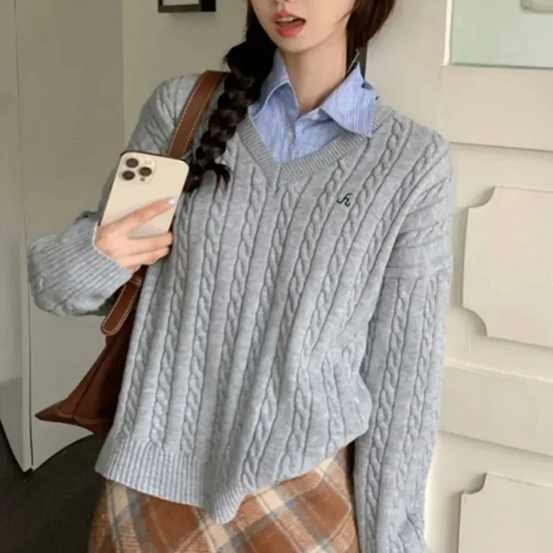 

Абрикосовый свитер с v-образным вырезом, женский новый осенне-зимний стиль, свободная мягкая восковая вязаная верхняя одежда с длинными рукавами