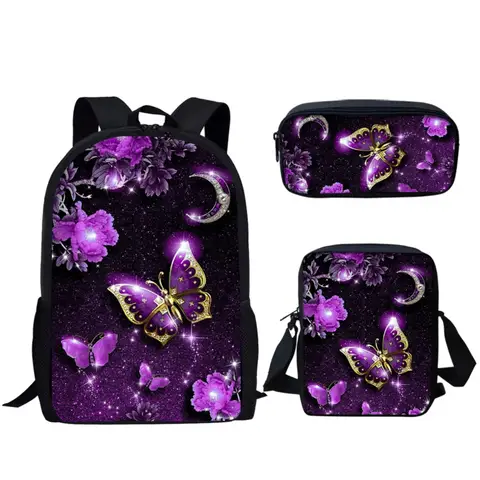 Moda púrpura mariposa Luna impresión 3D 3 unids/set mochilas escolares para alumnos mochila para ordenador portátil bolso de hombro inclinado estuche para lápices