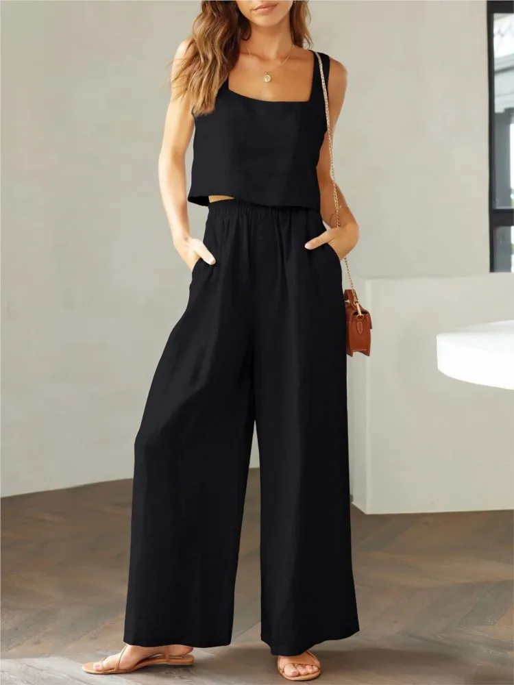 Fashion Square Collar Halters Vest Wide Leg Trousers Suit Women Summer Casual Simple Sleeveless Solid ColorTop Female 2piece Set