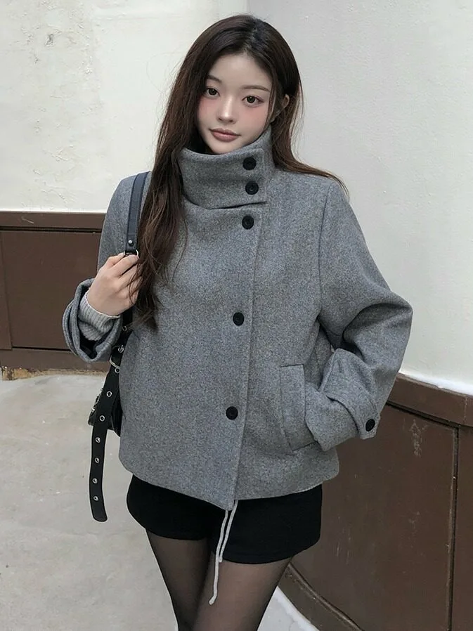 Retro Collar Thickened Short Woolen Coat Women's Autumn Winter High-End Feeling Elegance Tweed Top Korean Style Inner Wear