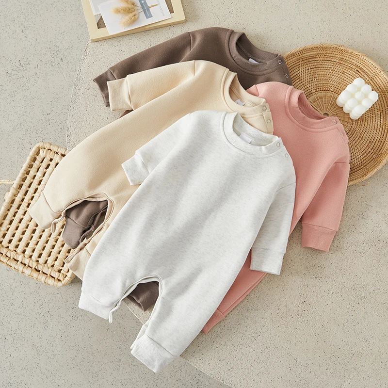 Suefunskry Toddler Infant Baby Sweatshirt Romper Solid Color Fleece Long Sleeve Round Neck Jumpsuit for Newborn Cute Clothes