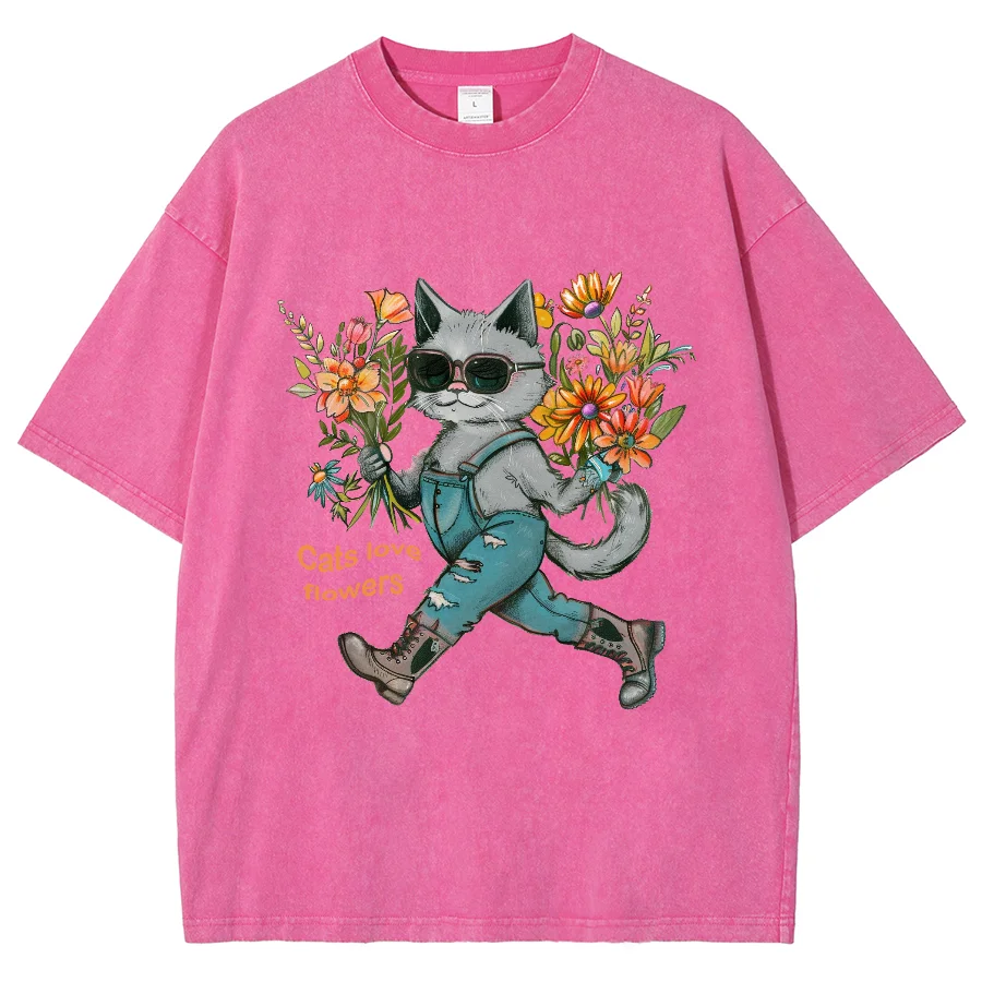 Cute Blue Cat Anthropomorphic Print Women's T-Shirt Loose Wash Oversized Short Sleeve Fashion Design Casual Funny Style Top 2024