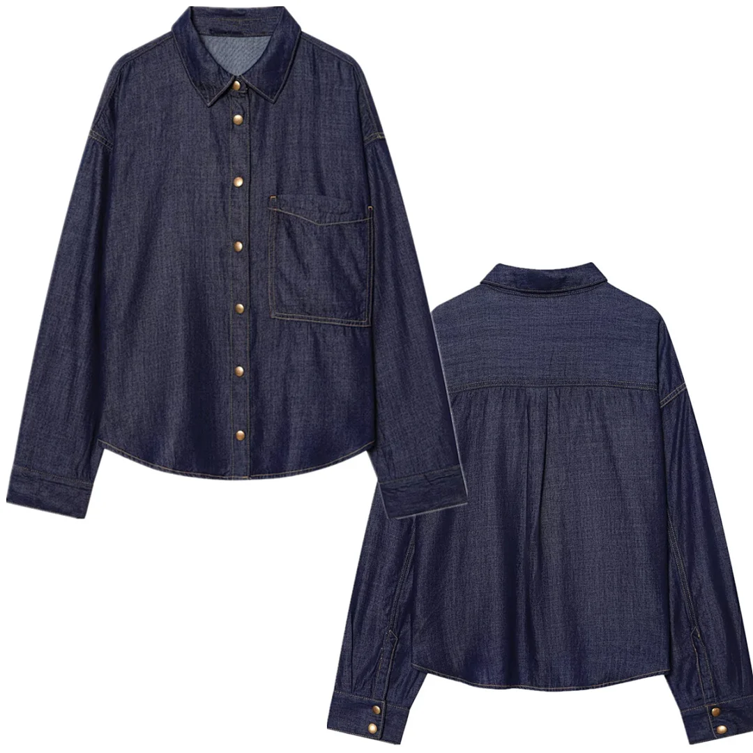 

Женские однобортные рубашки и блузки из темно-синего денима в скандинавском минималистском стиле Maxdutti, женская одежда, рубашки, топы