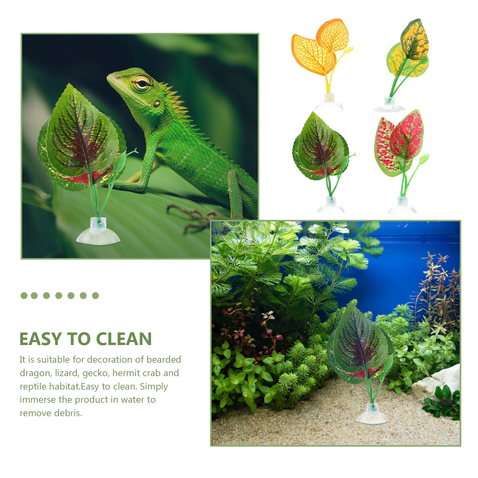 

4pcs Simulated Simulated Leaves Ornaments Reptile Tank Plastic Plants Decor For Lizard Gecko Easy Clean