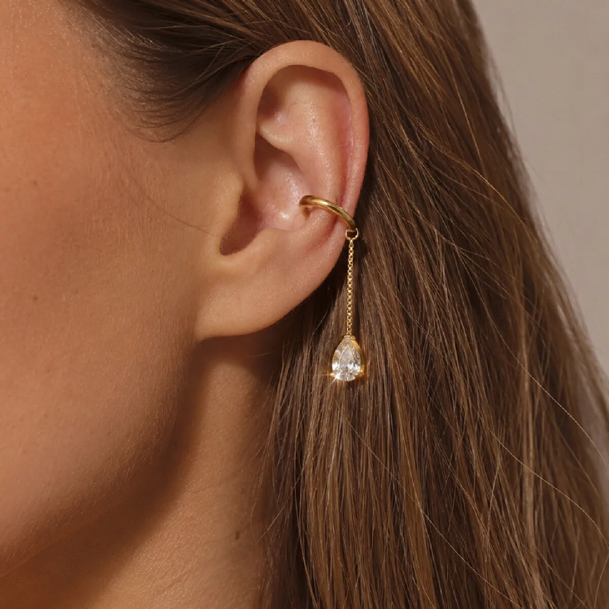 SHIXIN Stainless Steel 18K Gold Plated Exquisite Shiny Waterdroplet  Zircon Clip Earring Women Non Piercing Ear Banquet Jewelry