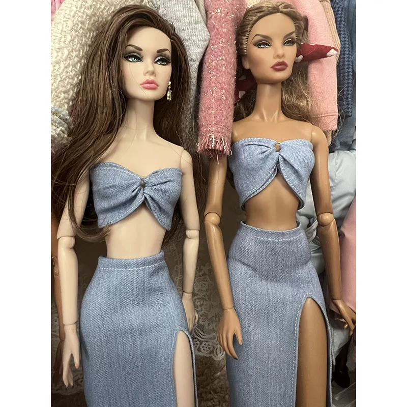 Zomervakantie Mode Denim Vest + Geplooide Rok Set / Dubbel Vlindervest Denim Halve Rok 30cm Pop Dagelijkse Verkleedkleding