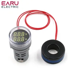 Round Mini Digital Voltmeter Ammeter 22mm AC 20-500V 0-100A Amp Volt Voltage Tester Meter Dual LED Indicator Pilot Lamp Light