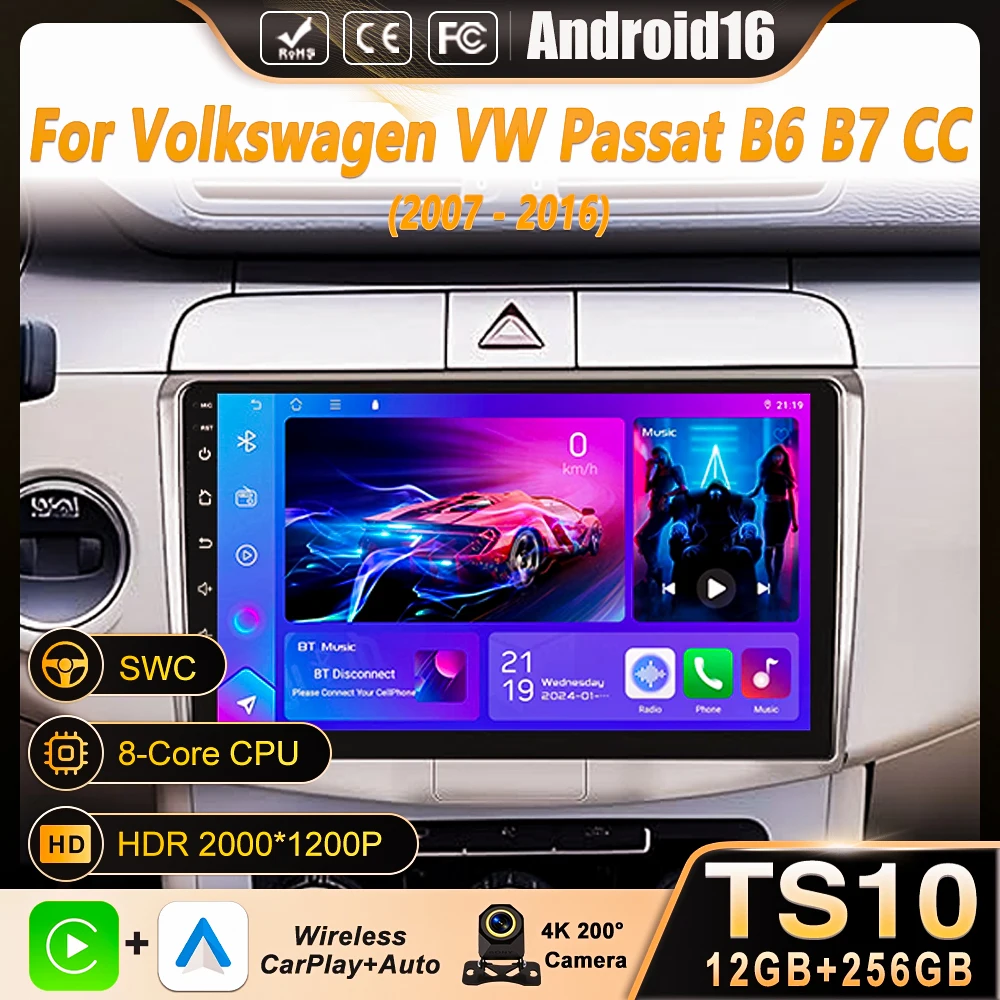 Android 16 Carplay Auto 4G WIFI For Volkswagen VW Passat B6 B7 CC 2007 - 2016 GPS Car Radio Multimedia Player Stereo Navigation