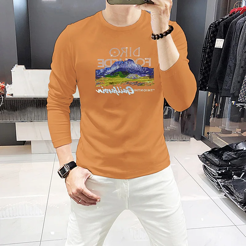 Trendy Mens Crew Neck Long Sleeve Tshirt Rhinestone Letter Mountain Graphic Slim Fit Shirts Soft Breathable Undershirt Daily Top