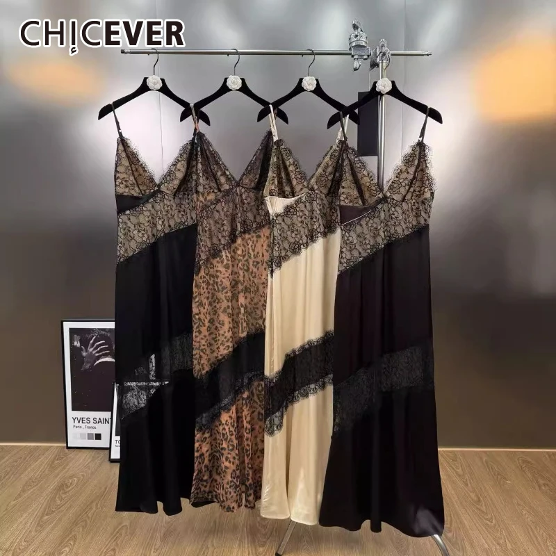 CHICEVER 솔리드 스플라이스 레이스 섹시 드레스 여성용 브이넥 민소매 슬림핏 아메리칸 레트로 여성 드레스 여름 패션 스타일 신상