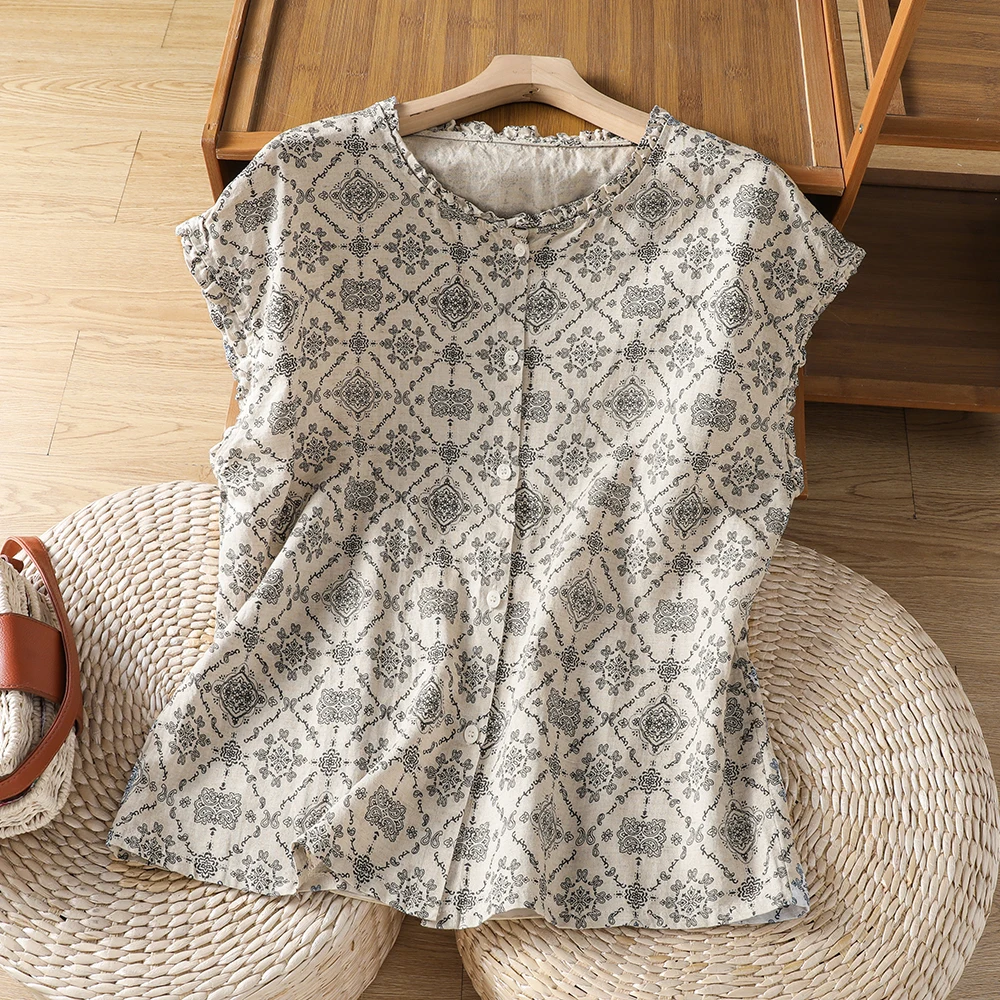 

Summer Cotton Linen Short Sleeve Shirt Loose Women's Vintage Lace Collar Summer Loose Small Fly Sleeve Floral Open Cardigan