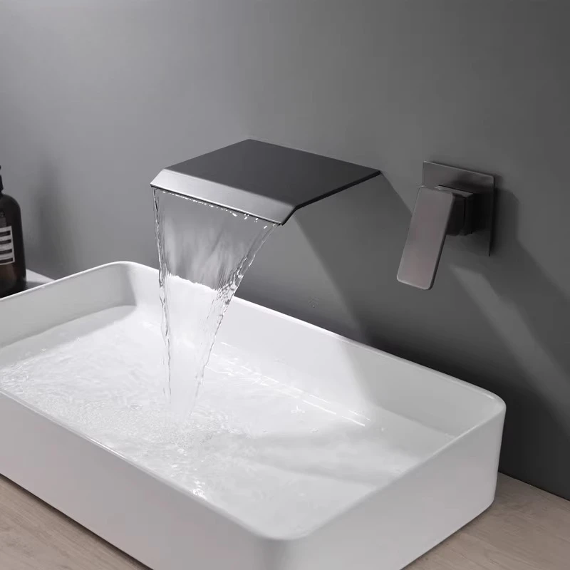 

Gun gray concealed wall-mounted bathroom faucet cold and hot embedded concealed hidden waterfall wall-mounted bathroom faucet