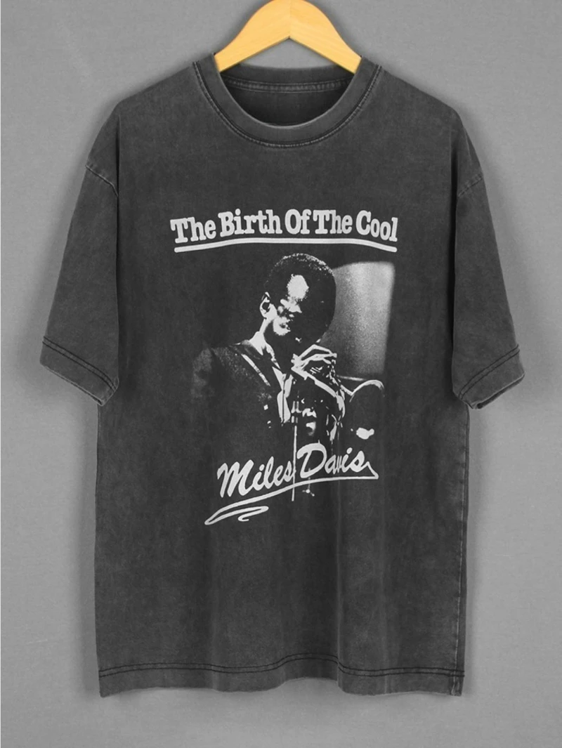Men'S Vintage-Inspired Miles Davis Graphic T-Shirt 100% Heavyweight Cotton Loose Fit Round Neck Casual Jazz-Inspired Design