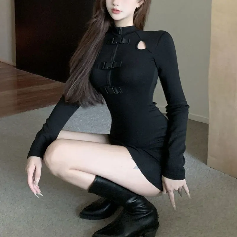 Aura Sexy Hollow Out Mini Dress Spring Autumn Solid Color Female Clothing Long Sleeve Fashion Zipper Slim Waist Bag Hip Dresses