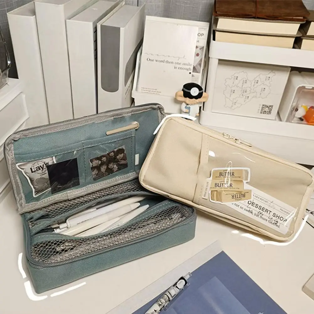 Estuche de lápices Kawaii con doble cremallera, almacenamiento multifuncional, bolsa de lápices de gran capacidad, caja de soporte, suministros escolares