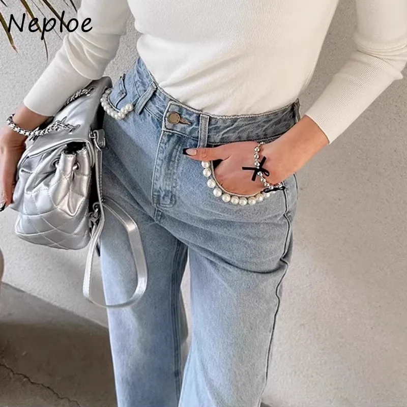 Neploe 2024 Spring New Denim Blue Pants Korean Vintage Pearl Pocket Straight Jeans Y2k High Waist Loose Wide Leg Pants