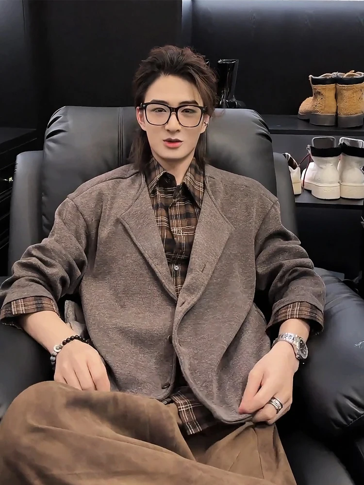 

Мужской осенний вязаный кардиган-обманка с воротником-рубашкой в американском стиле, имитация двухслойности, корейский стиль Aosphere Sensation