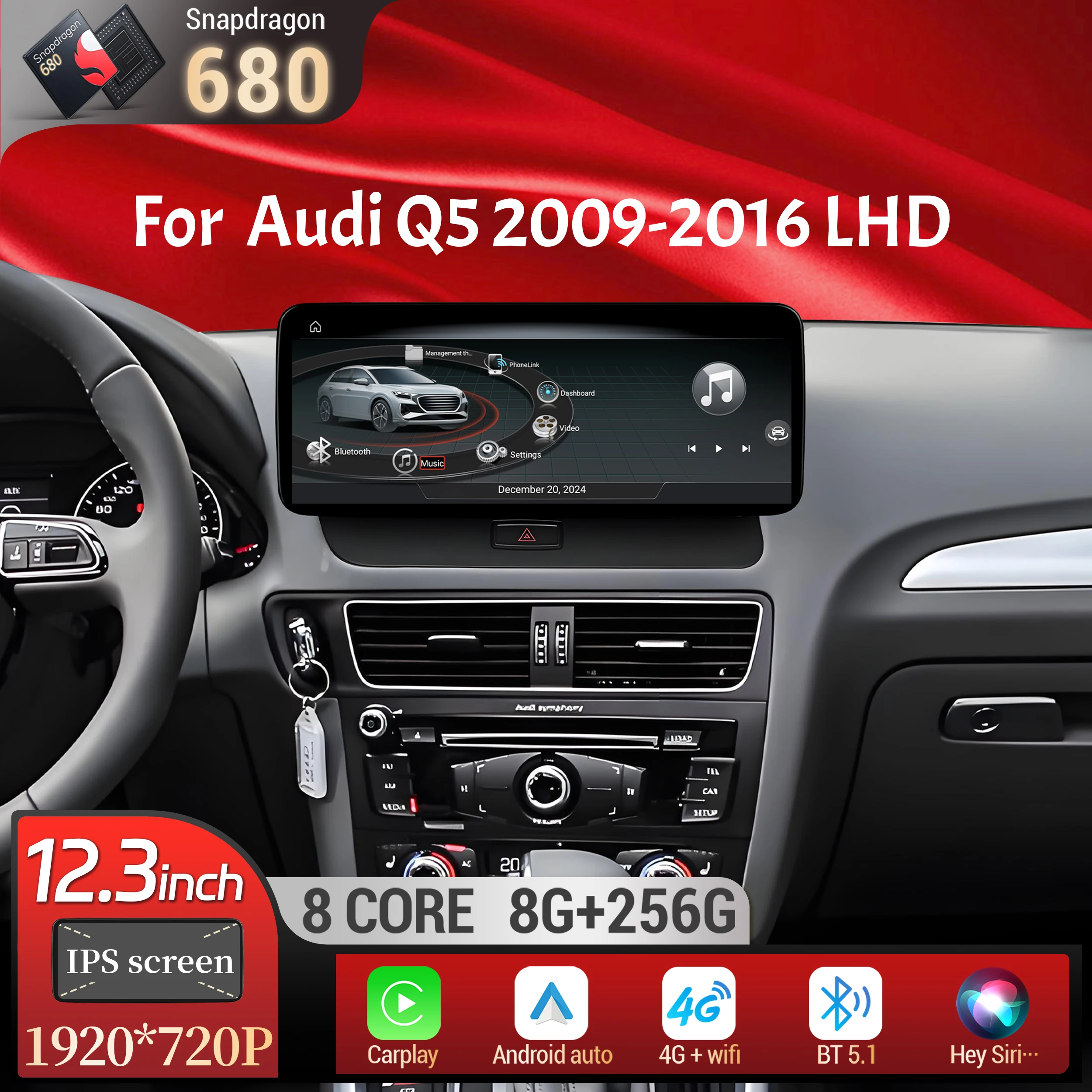 12.3 inch Android 14 Left Hand Drive Car Radio  Wireless BT Carplay Qualcomm Snapdragon 680 System Screen For Audi Q5 2009-2016