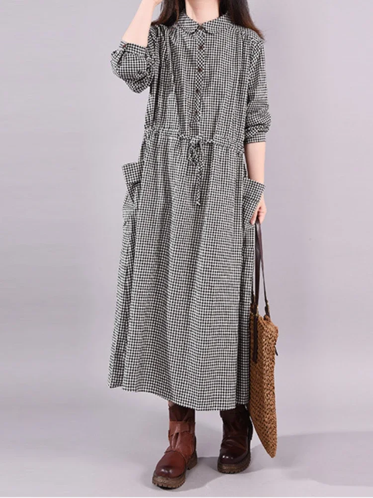 Dresses for Women Loose Stitching Cotton and Linen Plaid Long-sleeved Dress Women's Lace-up Waist Midi Skirt  Elegantly