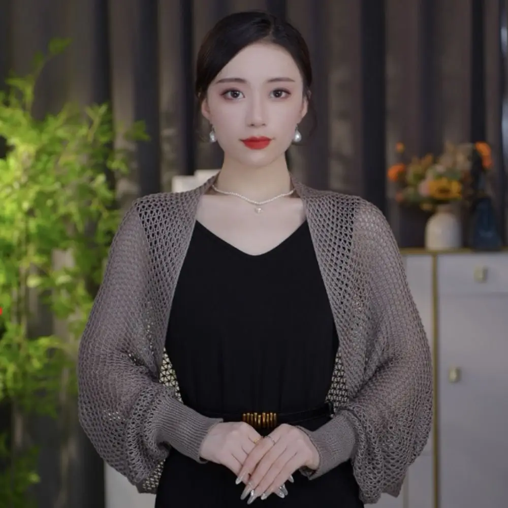 

Womens Fashion Hollow Ice Silk Shawl Simple Luxury Sunscreen Crop Knit Cardigan Elegant Long Sleeve Smock Top