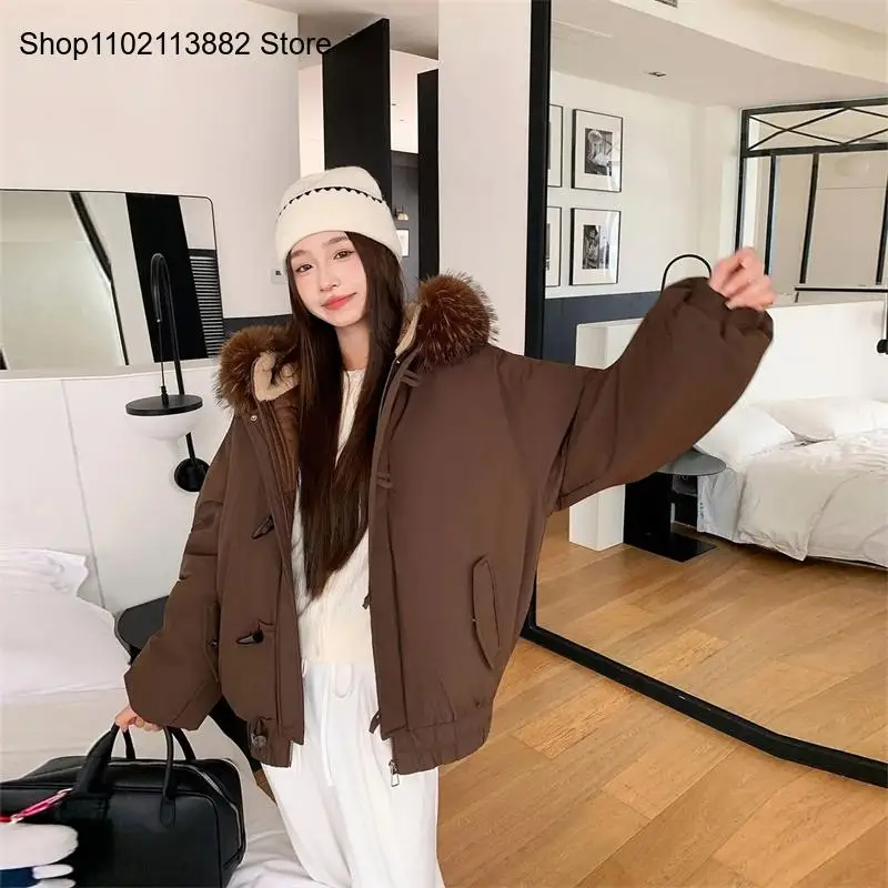 Women Parkas Horn Hooded Outcoat Big Fur Collar Overcoat Warm Down Jacket Ladies Pai Overcome Winter Cotton Padded Coat