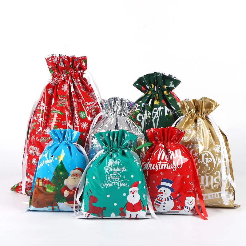 10pcs  Christmas Drawstring Gift Bag Party Children Kid Candy Gift Bag Aluminum Foil Box Happy New Year Xmas Eve 2025